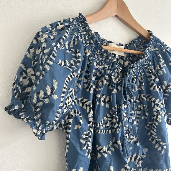 Jones New York Geometric Blue Peasant Boho Blouse Puff Sleeve Size Small - Picture 3 of 9